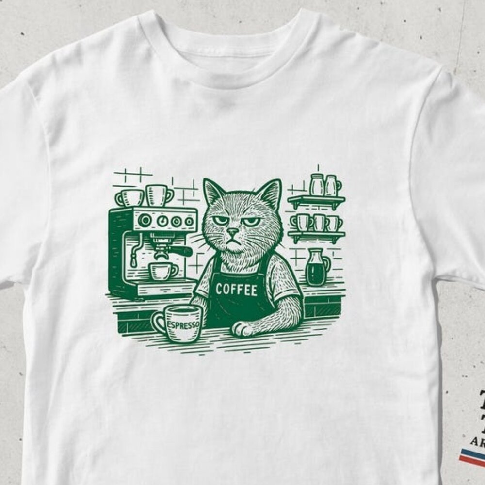 Grumpy Barista Cat T-Shirt with Espresso Coffee Machine Tee